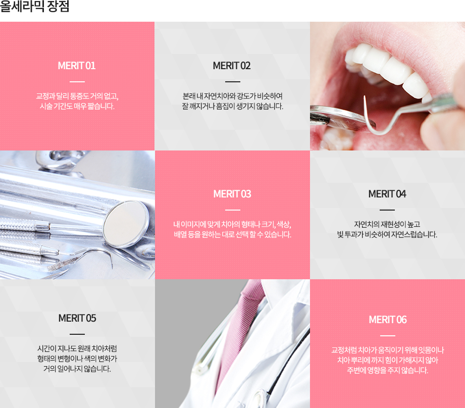 올세라믹 장점
-교정과 달리 통증도 거의 없고, 시술 기간도 매우 짧습니다.
-본래 내 자연치아와 강도가 비슷하여 잘 깨지거나 흠집이 생기지 않습니다.
-내 이미에 맞게 치아의 형태나 크기, 색상, 배열 등을 원하는 대로 선택 할 수 있습니다.
-자연치의 재현성이 높고 빛 투과가 비슷하여 자연스럽습니다.
-시간이 지나도 원래 치아처럼 형태의 변형이나 색의 변화가 거의 일어나지 않습니다.
-교정처럼 치아가 움직이기 위해 잇몸이나 치아 뿌리에 까지 힘이 가해지지 않아 주변에 영향을 주지 않습니다.

